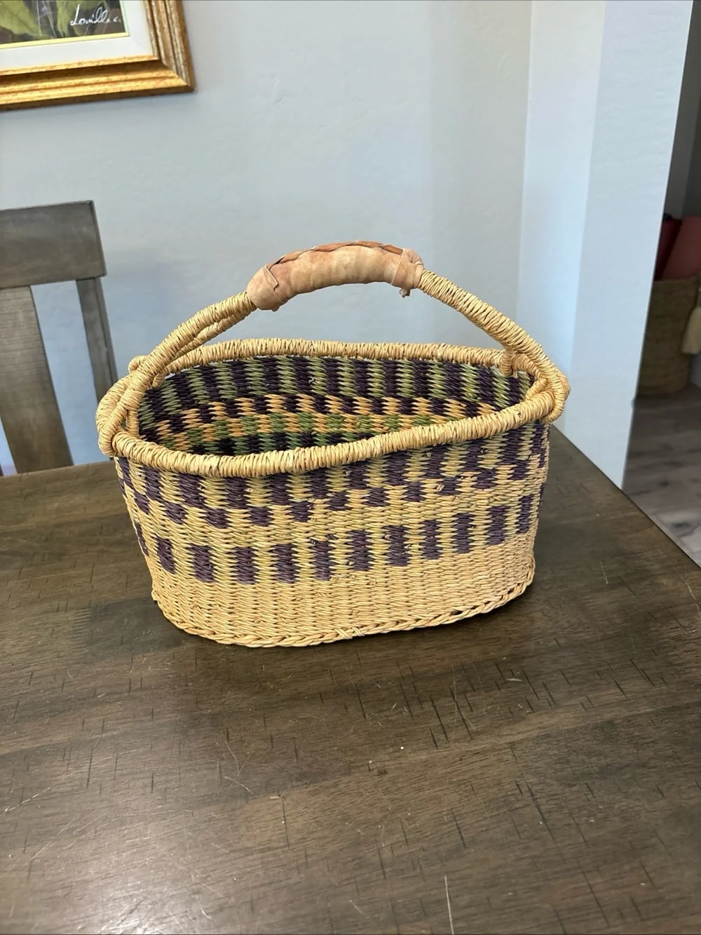 VINTAGE GHANA HAND WOVEN COILED BASKKET LEATHER HANDLE AFRICAN  PURPLE GREEN